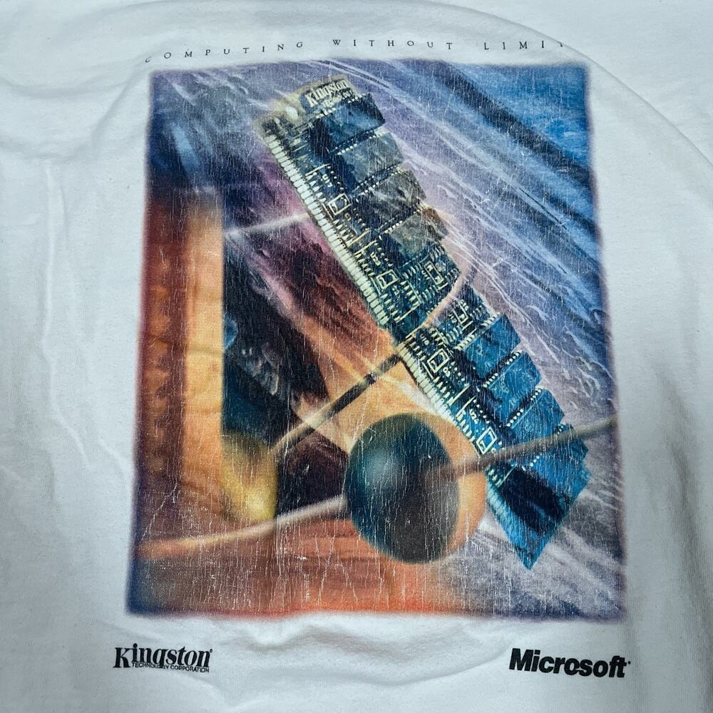 VTG Microsoft Kingston Tech USA Made T-Shirt Single Stitch XL Flaws Yellowing
